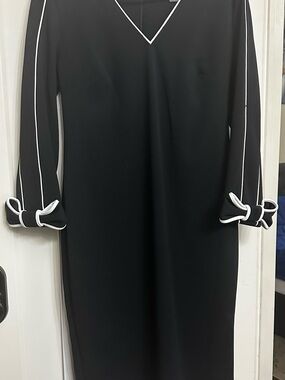 Andrew Marc Black V-Neck Long Sleeve Dress with White Trim and Bow Cuffs